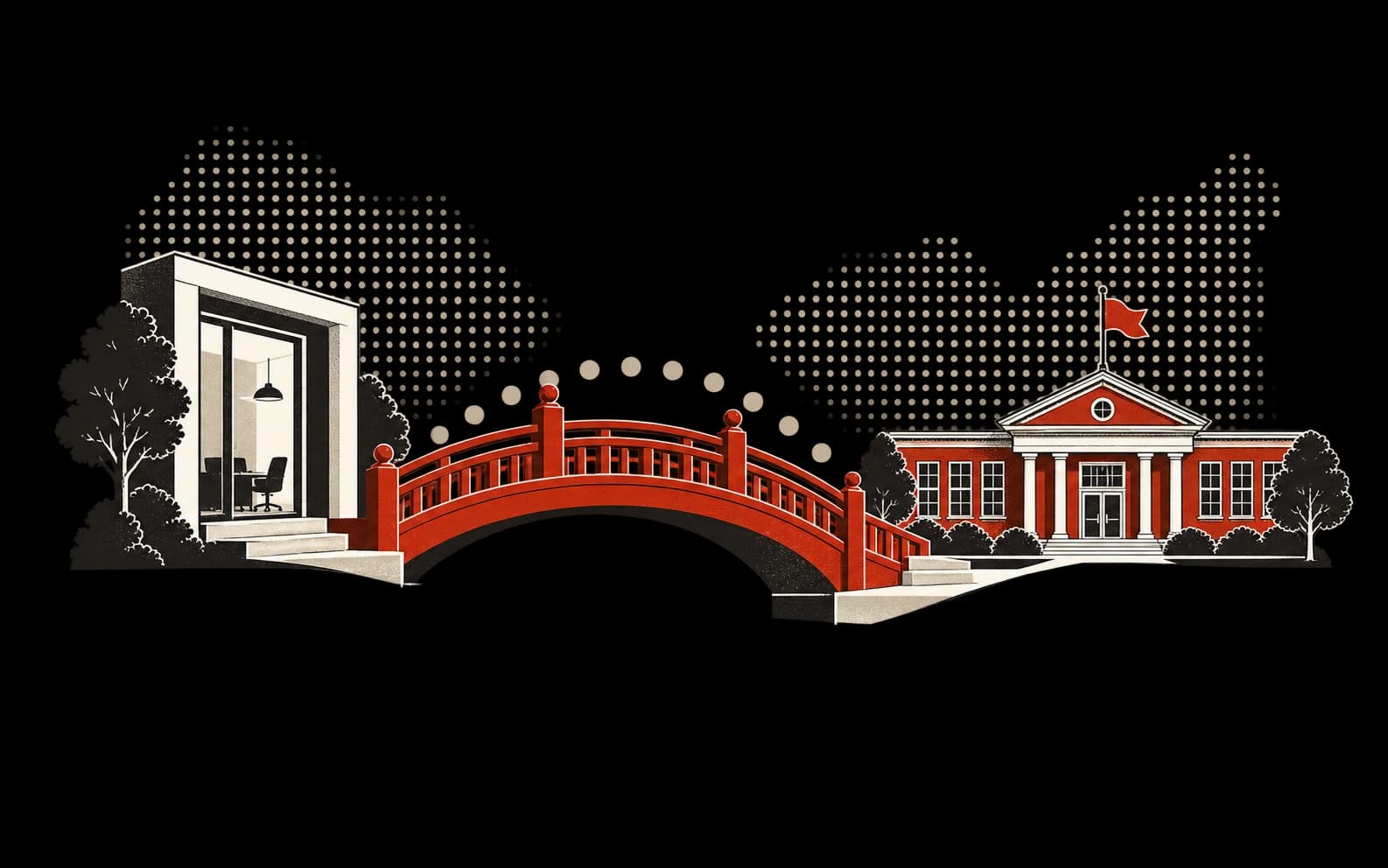 A red bridge connecting a vendor office to a school.