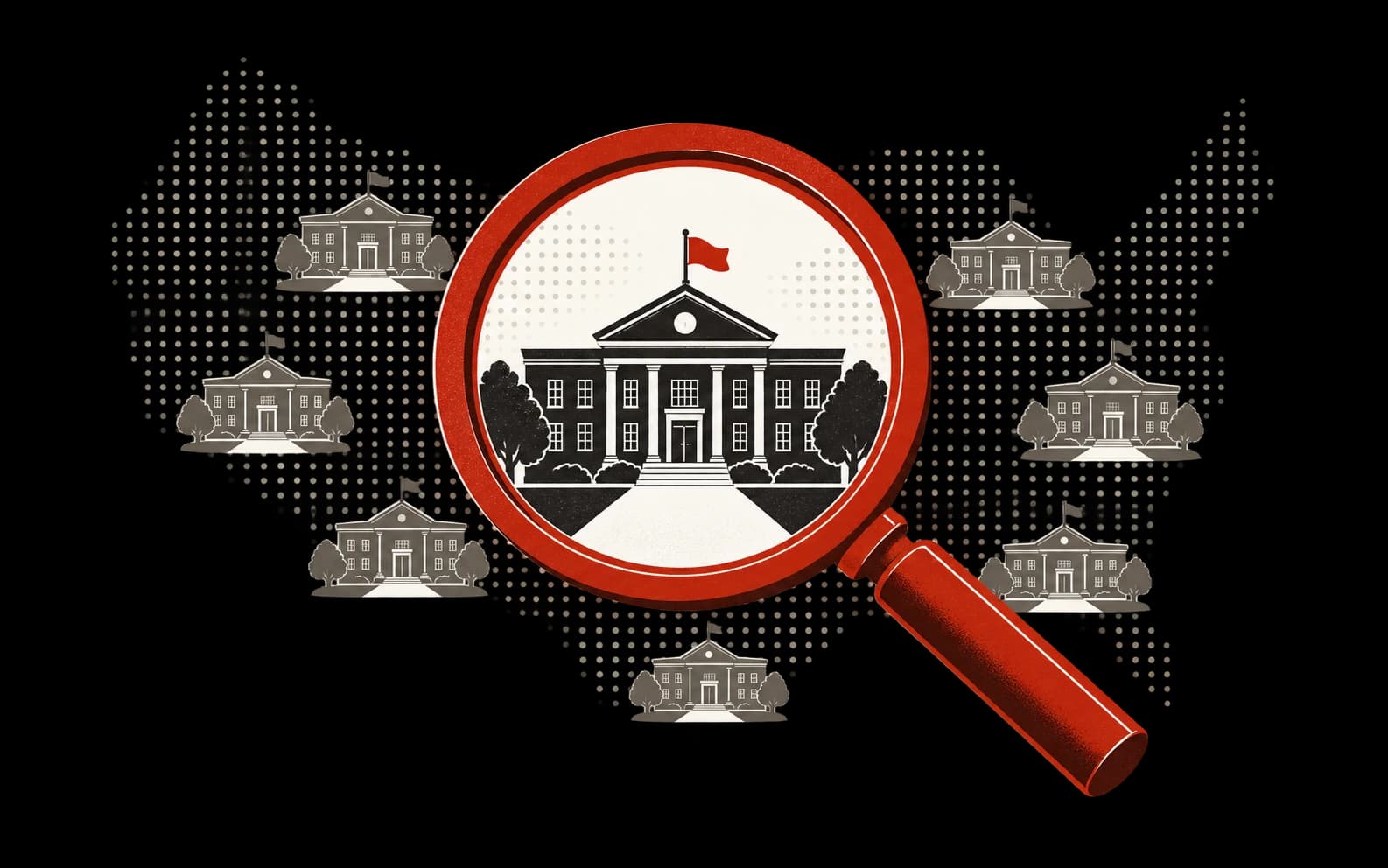 A red magnifying glass identifying one school among many.