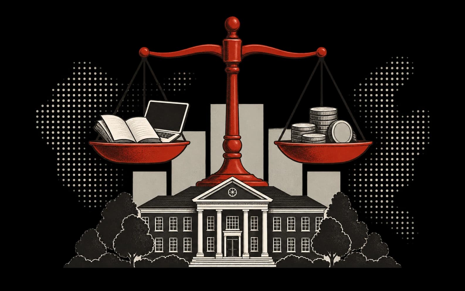A red balance scale weighing educational tools and funding above a school.