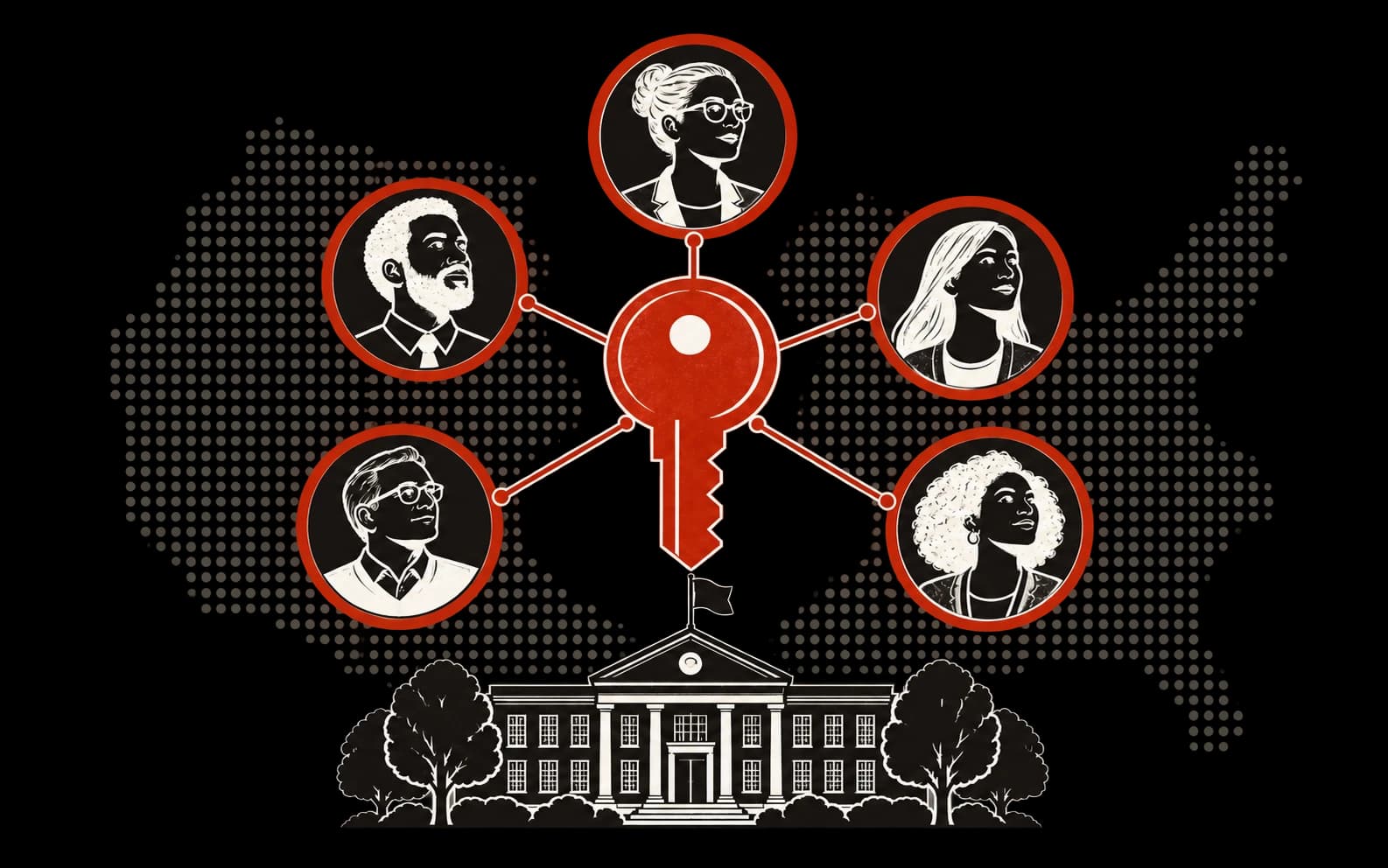 A red key linked to several district decision-maker portraits above a school.