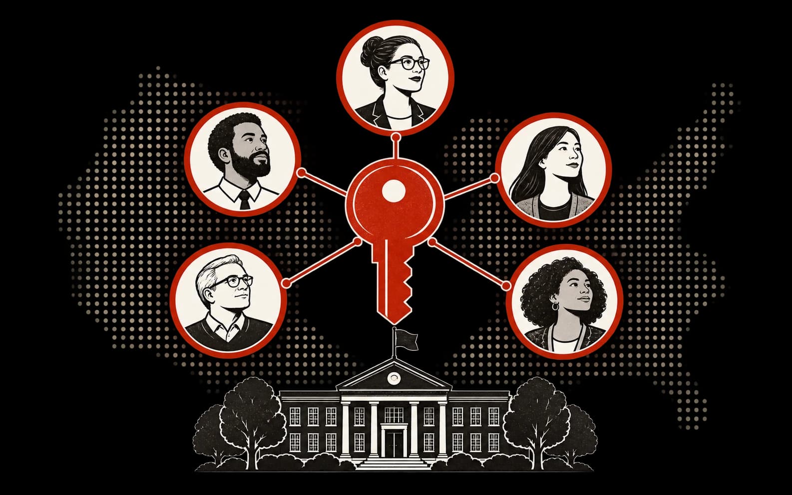 A red key linked to several district decision-maker portraits above a school.